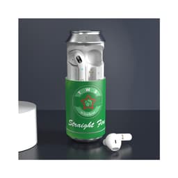 A green can-shaped case containing white wireless earbuds, with one earbud placed next to the can.