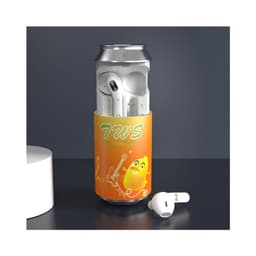 A promotional image featuring white Cannery TWS Earbuds placed inside a decorated drink can.
