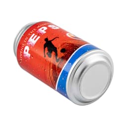 A can featuring a vibrant red design with a graphic of a person playing sport, topped with a silver lid.