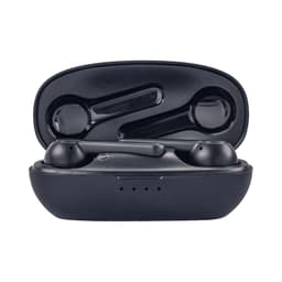 A pair of black wireless earbuds in a charging case with a sleek design and a logo on the case.