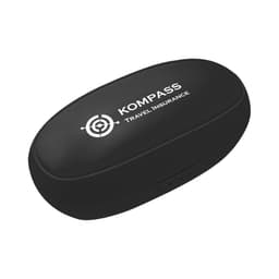 A black wireless earbuds case with a logo on the top, designed for storing and charging the earbuds.