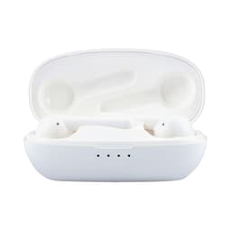 White Leeds TWS earbuds in a charging case, showcasing the earbuds and case interior.