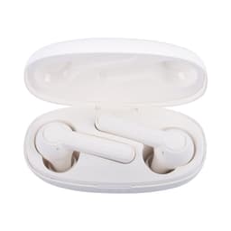 White Leeds TWS earbuds in a matching carrying case, featuring a sleek design and a logo.