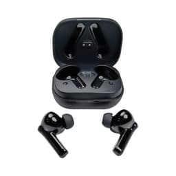 Black Linz Eco TWS Earbuds displayed with their charging case, featuring a sleek design and a logo on the case.