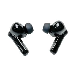 A pair of black eco-friendly true wireless earbuds with a glossy finish and silicone ear tips.