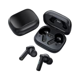 Black Linz Eco TWS earbuds displayed in their charging case, featuring a compact design with a glossy finish.