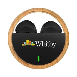 Black TWS earbuds in a circular wooden case featuring a logo, with a green light indicator.