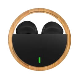 Eco-friendly black earbuds housed in a circular bamboo case with a green indicator light.