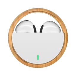 White TWS earbuds housed in a circular bamboo case, featuring a single green indicator light.