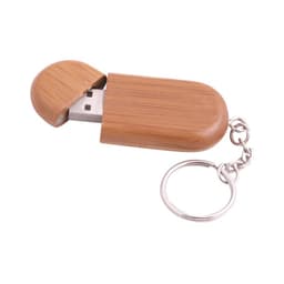 A bamboo flash drive with a rounded cap, featuring a silver keychain attachment.