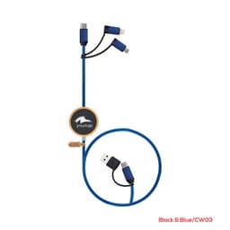 A black and blue LED charging cable with multiple connectors, featuring a round logo.