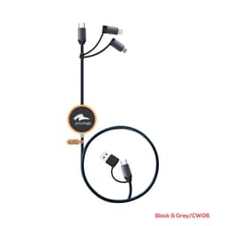 A black and grey charging cable with multiple connectors and a logo, designed for fast charging and data syncing.