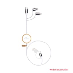 A white and silver charging cable with three connectors for various devices and a rounded wooden attachment.