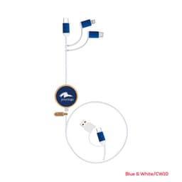 A blue and white charging cable with multiple connectors and a circular logo.