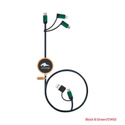 A black and green charging cable with multiple connectors and a branding logo.