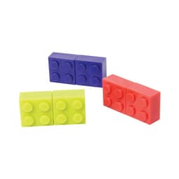 A building block flash drive featuring vibrant colours: yellow, blue, red, and green. It has a logo on it.
