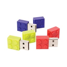 A set of colourful USB flash drives shaped like building blocks, featuring red, blue, green, and yellow colours.