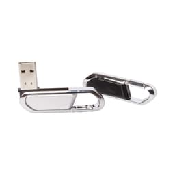 A silver carabiner flash drive with a USB connector, featuring a sleek design and a small logo.
