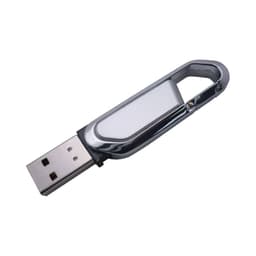 A silver carabiner flash drive featuring a shiny metallic finish and a traditional USB connector.