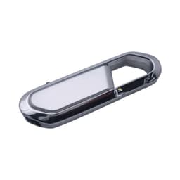 A sleek silver carabiner flash drive with a metallic finish and an integrated clip design.