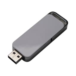 A silver flash drive with a sleek design and a metallic finish, featuring a logo on one side.