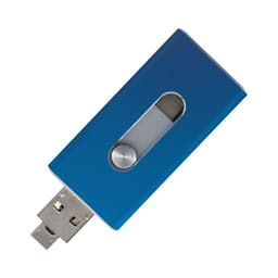 A blue USB flash drive with a retractable connector and a transparent window, featuring a logo on its surface.
