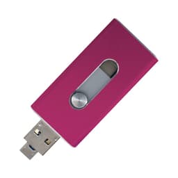 A pink USB flash drive with a sliding mechanism and a metallic finish, featuring a small window and branding.