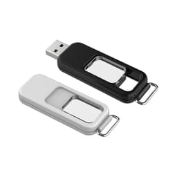 A black and white flash drive with a sliding mechanism, featuring a metal attachment loop.