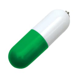 A green and white capsule-shaped flash drive with a silver connector, featuring a logo on its side.