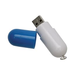 A capsule-shaped flash drive in blue and white, featuring a USB connector and a loop for attachment.