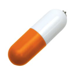 A capsule-shaped flash drive with a white top and an orange bottom, featuring a silver attachment.