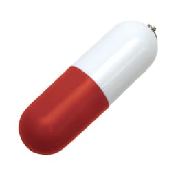 A red and white capsule-shaped flash drive with a branding logo on its surface.
