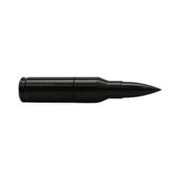 A black bullet-shaped flash drive featuring a sleek design and a logo.