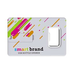 A drink bottle-shaped flash drive in grey, featuring colourful stripes and a logo. Includes a bottle opener functionality.