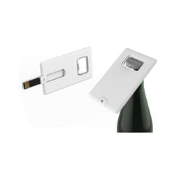 A drink bottle-shaped white credit card flash drive with a built-in bottle opener and a branding logo.