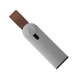 A silver Avior Flash Drive with a brown strap, featuring a fingerprint logo on one side.
