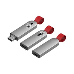 A silver flash drive with a red loop, featuring a USB and USB-C connector. It has a logo on the side.