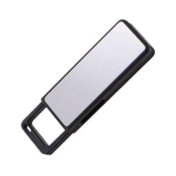 A black and silver flash drive with a sleek design and a branding logo.