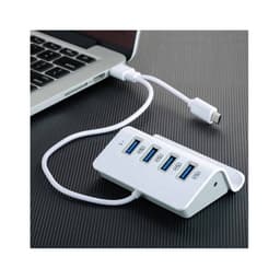 A white USB hub with five ports connected to a laptop, featuring a sleek design and a USB-C cable.