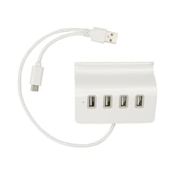 A white USB hub with four ports and a connecting cable. It has a smooth, curved design.