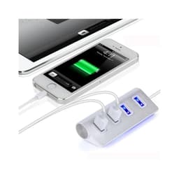 A USB hub in silver with three ports, connected to a smartphone and tablet, on a light background.