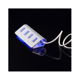 A silver USB hub with four ports and blue LED lighting, featuring a white cable. Includes a branding logo.
