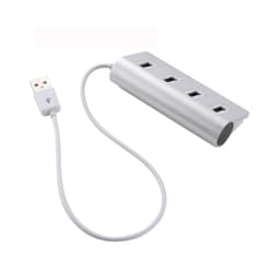 A silver USB hub with four ports and a connected USB cable. It features a slim, modern design and has a logo.