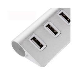 A USB hub in silver with three USB ports and a rounded end, featuring a sleek, minimalist design.