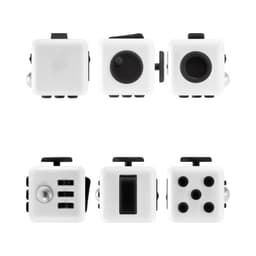 A white fidget cube featuring various tactile sides, including buttons, switches, and dials, with black accents.