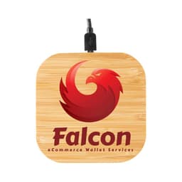 A bamboo wireless charger featuring a red and black logo design. It has a square shape with a charging cable connected.