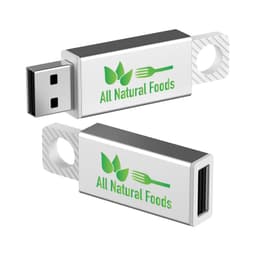 A silver and black USB flash drive featuring a logo and a keyring hole for attachment.
