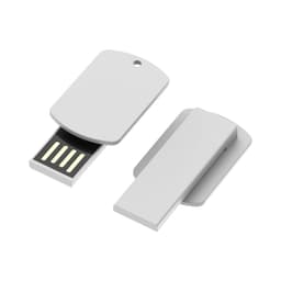 A grey USB flash drive with a hinged cover, featuring a simple design and a loop for attachment.