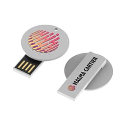 A silver flash drive with a circular design features a vibrant logo and a retractable USB connector.