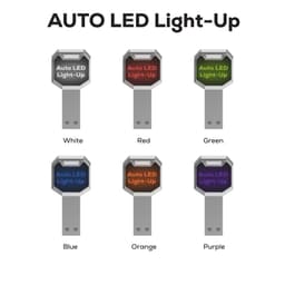 A collection of six Auto LED Flash Drives in white, red, green, blue, orange, and purple, each featuring a logo.